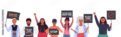 african american protesters with black lives matter banners awareness campaign against racial discrimination support for equal rights of black people horizontal portrait vector illustration
