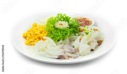 Rice Noodles without Soup Served Egg Slice,cabbage,Onions cutlet and Sweet chili Sauce Thai Food