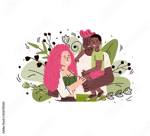 Cartoon family with child hugging - mixed race couple holding their son and smiling on green leaves background. Isolated vector illustration.
