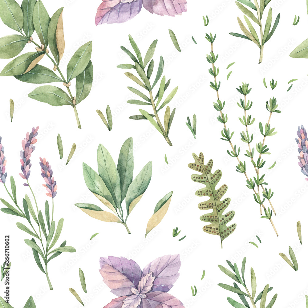 Watercolor seamless pattern with botanical green leaves, herbs, branches. Fabric with illustrations of basil, thyme, sage, lavender. Perfect for textile, package, wrapping paper, invitations, prints