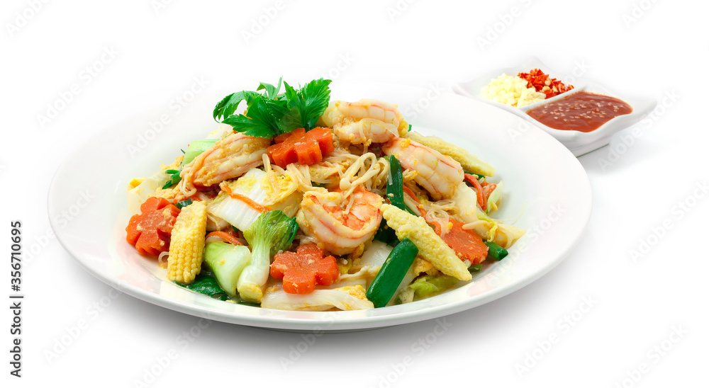 Thai Sukiyaki Stir Fried with Shrimps, eggs and Vegetables Carved Carrots flowers shape served Sauce Thai Sukiyaki Stir Fried with Shrimps, eggs and Vegetables Carved Carrots flowers shape served Sauce
