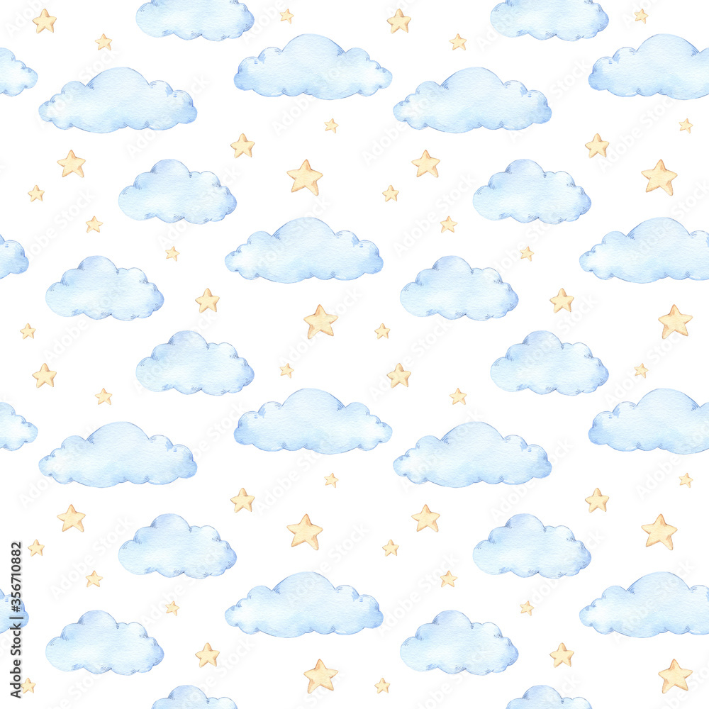 Watercolor seamless pattern - clouds and stars. Starry sky background. Ideal for a children room. Good night print. Baby shower. Perfect for prints, greeting cards, fabric, textile, wrapping paper Watercolor seamless pattern - clouds and stars. Starry sky background. Ideal for a children room. Good night print. Baby shower. Perfect for prints, greeting cards, fabric, textile, wrapping paper