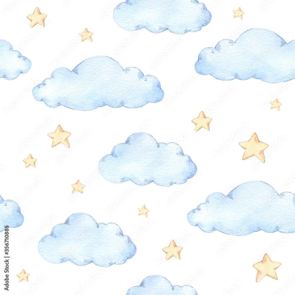 Watercolor seamless pattern - clouds and stars. Starry sky background. Ideal for a children room. Good night print. Baby shower. Perfect for prints, greeting cards, fabric, textile, wrapping paper