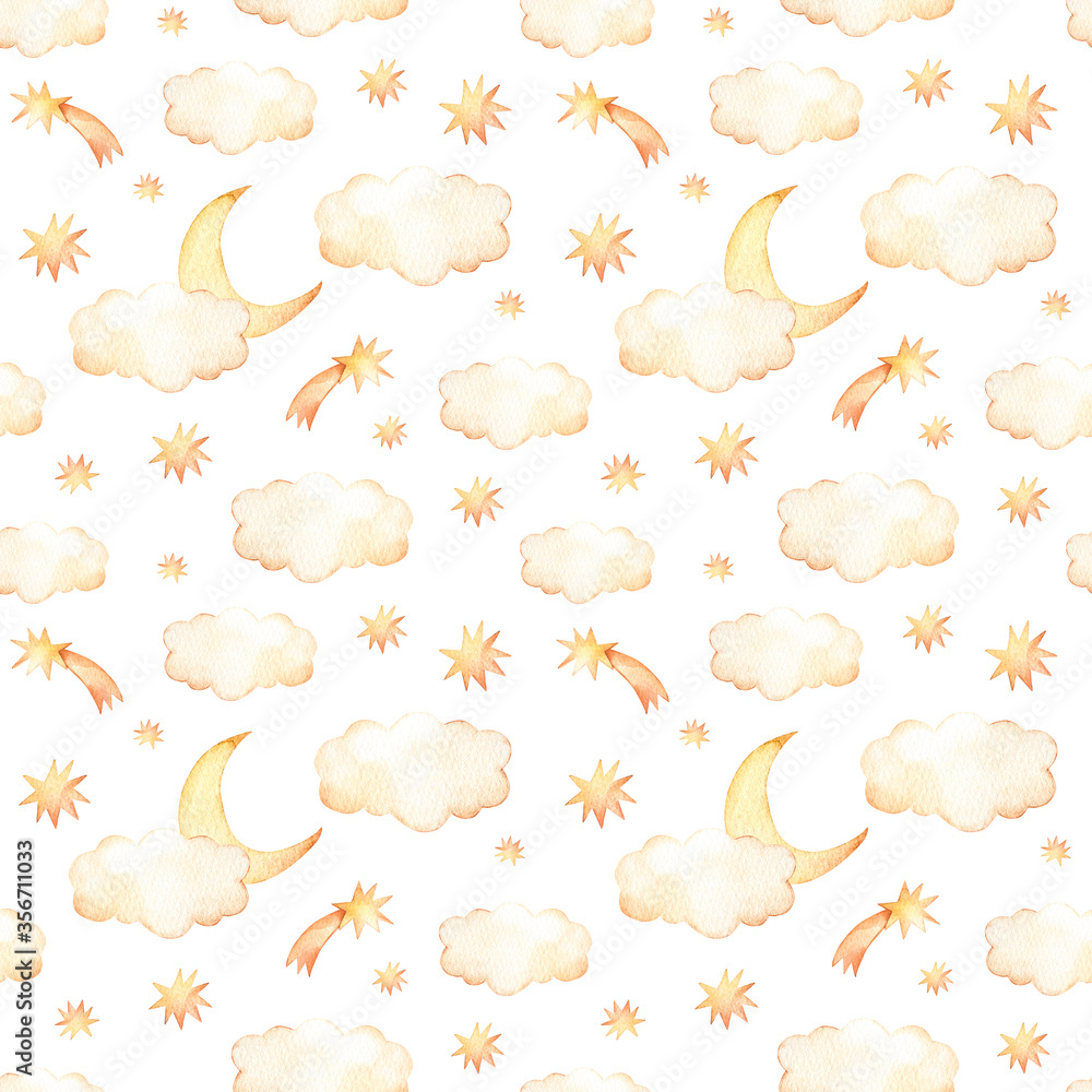 Watercolor seamless pattern - clouds, moon and stars. Starry sky background. Ideal for a children room. Good night print. Baby shower. Perfect for greeting cards, fabric, textile, wrapping paper Watercolor seamless pattern - clouds, moon and stars. Starry sky background. Ideal for a children room. Good night print. Baby shower. Perfect for greeting cards, fabric, textile, wrapping paper
