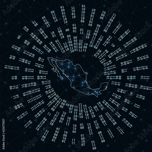 Mexico digital map. Binary rays radiating around glowing country. Internet connections and data exchange design. Vector illustration.