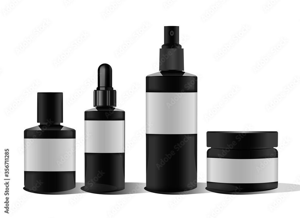 Realistic black bottle cosmetic vial, flask, shampoo, container for cream, powder, wax, spay. Cosmetic bottle. Mock up set. Label, sticker. Realistic black bottle cosmetic vial, flask, shampoo, container for cream, powder, wax, spay. Cosmetic bottle. Mock up set. Label, sticker.