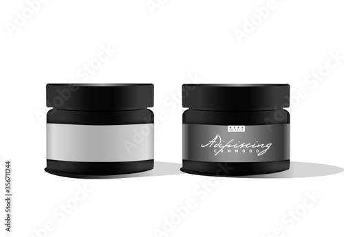 Realistic black cosmetic cream container. Mock up bottle. Gel, powder, balsam, wax with design label. Containers for bulk mixtures.