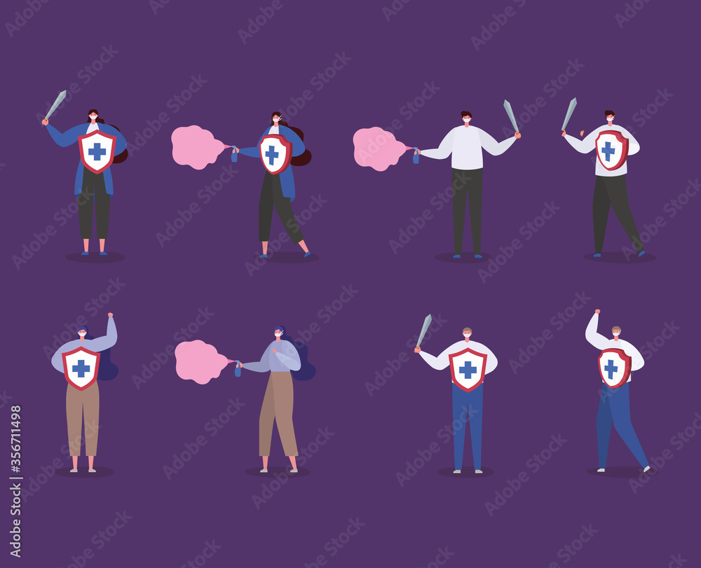 People with masks shield sword and spray bottle design of Fight covid 19 virus and stop spread theme Vector illustration