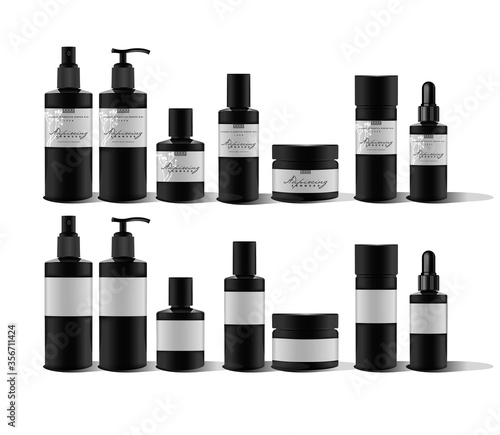 Realistic black bottle for essential oil and tube or container for cream, ointment, lotion. Soap pump. Mock up set. Cosmetic vial, flask, dropper-bottle, shampoo, oil, gel, wax. Label, sticker.