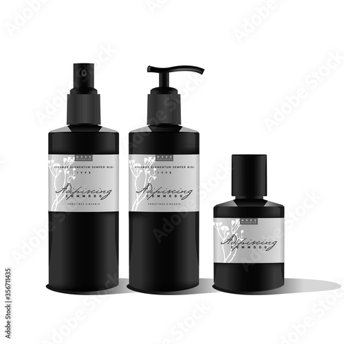 Realistic black bottle of liquid soap. Cosmetic bottle for a cream, shampoo, oil, gel, soap, balsam. Mock up. Label design for container. Batcher.