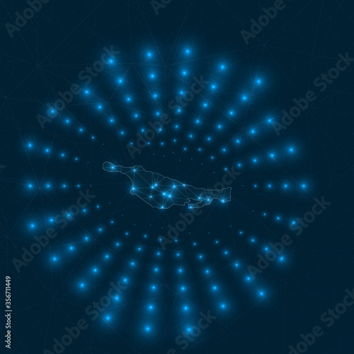 Little San Salvador Island digital map. Glowing rays radiating from the island. Network connections and telecommunication design. Vector illustration.