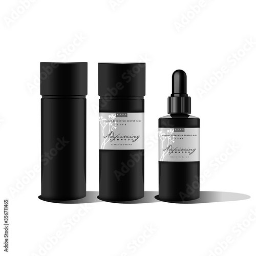 Realistic essential oil black bottle and packaging for cream, lotion. Spray, deodorant. Mock up. Cosmetic vial, flask. Container for perfume. Medical bank. Cosmetic dropper-bottle. Label, sticker.