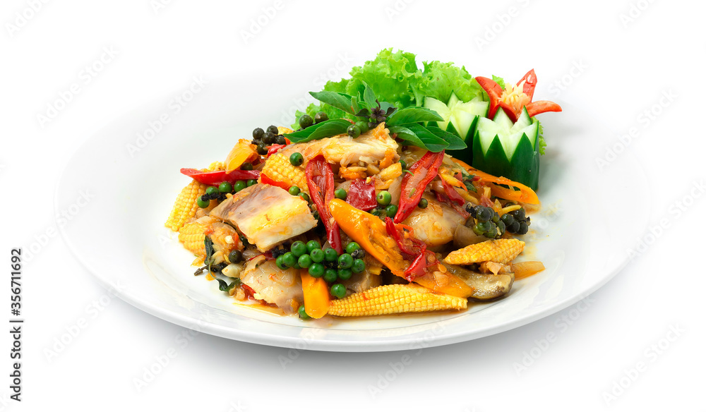 Spicy Fish Stir fried with Chili,Peppers,herbs,eggplants and baby corn Thai Food Style or Cleanfood and Dietfood Spicy Fish Stir fried with Chili,Peppers,herbs,eggplants and baby corn Thai Food Style or Cleanfood and Dietfood