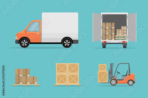 Delivery truck, forklift and different boxes. Isolated on blue background. Warehouse Equipment, cargo delivery, storage service concept. Flat style, vector illustration.