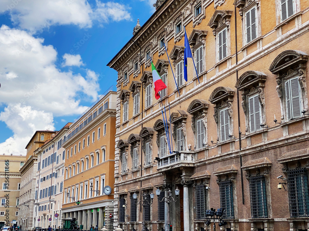 Facade of Palazzo Madama (Madama Palace) in Rome, seat of the Senate of the Italian Republic. Politics and democracy.