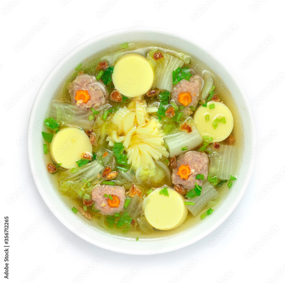 Chinese Cabbage Soup with Tofu and Minced Pork Ball Sprinkle Celery snd Crispy Garlic Healthy Food Chinese Cabbage Soup with Tofu and Minced Pork Ball Sprinkle Celery snd Crispy Garlic Healthy Food