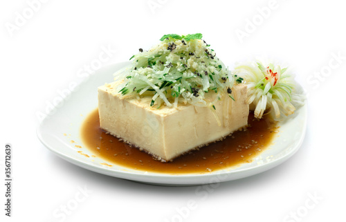 Tofu Salad with Soy Sauce ontop Cucumber cutlet Sprinkle Sesame Japanese Food Cold Tofu (Hiyayakko) Style