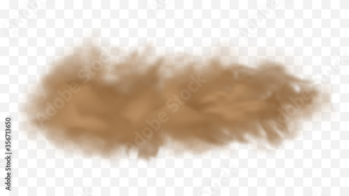 Realistic sand storm illustration. Vector brown dust cloud on transparent background. Air pollution concept.