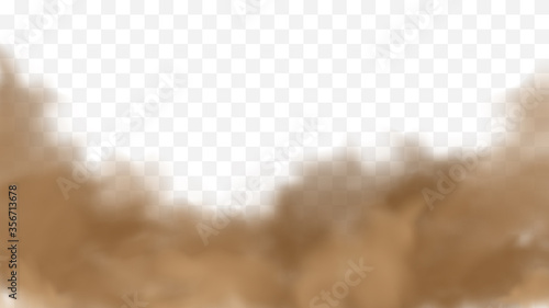 Realistic sand storm illustration. Vector brown dust cloud on transparent background. Air pollution concept.