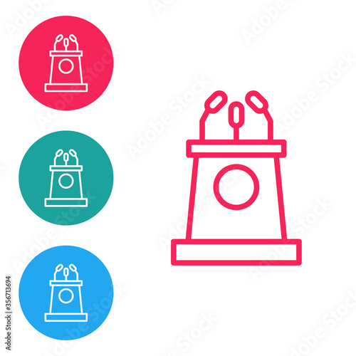 Red line Stage stand or debate podium rostrum icon isolated on white background. Conference speech tribune. Set icons in circle buttons. Vector Illustration.