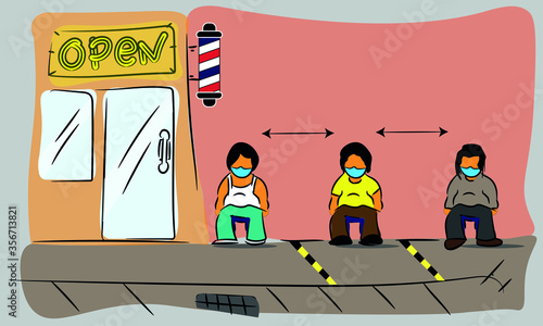 illustration vector : Social distancing of a barber shop after covid19 pandemic slowed down.