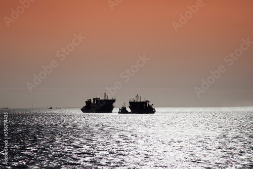 Ships against the light,Evening mood, Elbe, near, Cuxhaven, Lower Saxony, Germany