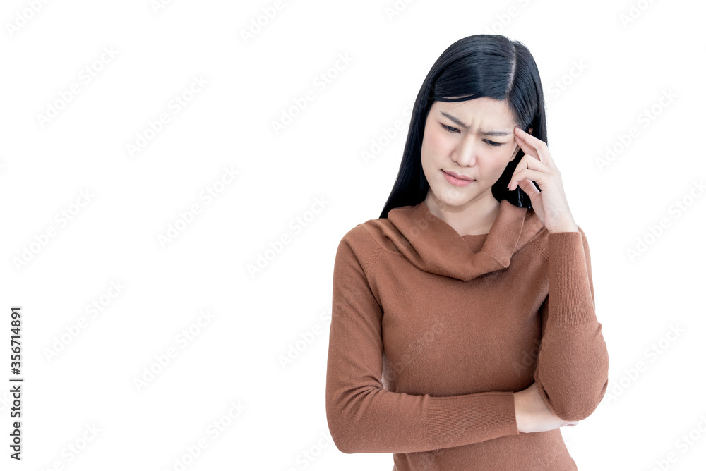 portrait images of Asian pretty woman 26 year old are under stress and headache On white isolated background, to people and health care concept. portrait images of Asian pretty woman 26 year old are under stress and headache On white isolated background, to people and health care concept.