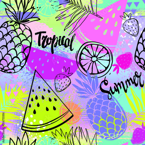 Fashion tropics funny wallpapers. Seamless pattern with fruits. Bright summer illustration. 