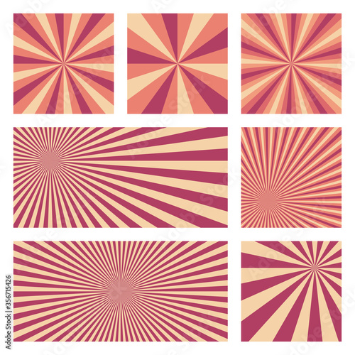Appealing sunburst background collection. Abstract covers with radial rays. Attractive vector illustration.