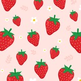 Cute red strawberry and white strawberry flower pattern on pastel pink background