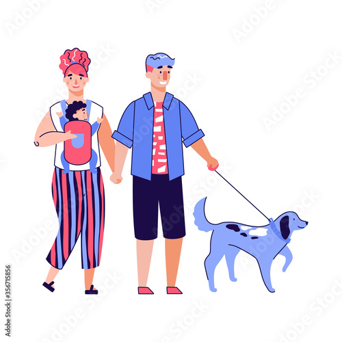 Cartoon parents with baby walking a dog - happy family on leisure walk isolated on white background. Young couple with child on sling, vector illustration.