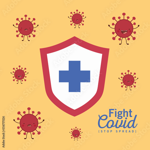 shield with cross and kawaii cartoons design of Fight covid 19 virus and stop spread theme Vector illustration