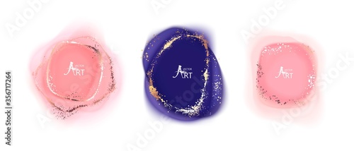 Ink, marble, watercolor imitation. Vector abstarct spot, shape. Creative background for card, invitation, logo, branding. Frame for text. Golden glitter, foil shiny effect.