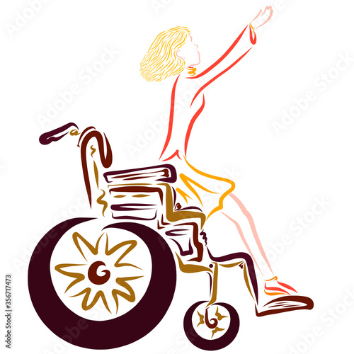 Fotografi girl in a wheelchair stretches her arms to the sky