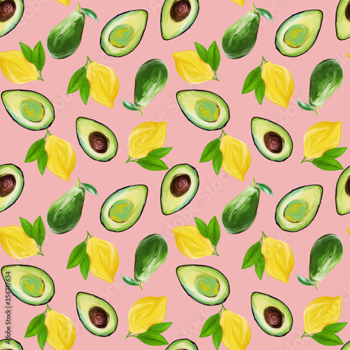 Bright vegetarian Fruit Painted Seamless Pattern hand-drawn in gouache avocado and lemon on pink background. Design for textiles, packaging, fabrics, menus, restaurants