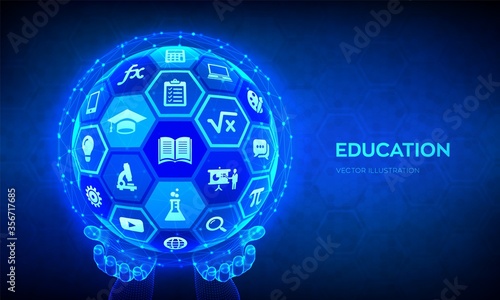 E-learning. Innovative online education technology concept. Webinar, teaching, online training courses. Skill development. Abstract 3D sphere with surface of hexagons with icons in hands. Vector.