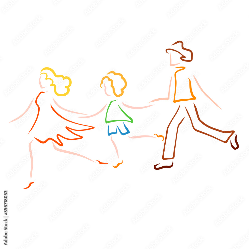 running happy family, mom, dad and baby