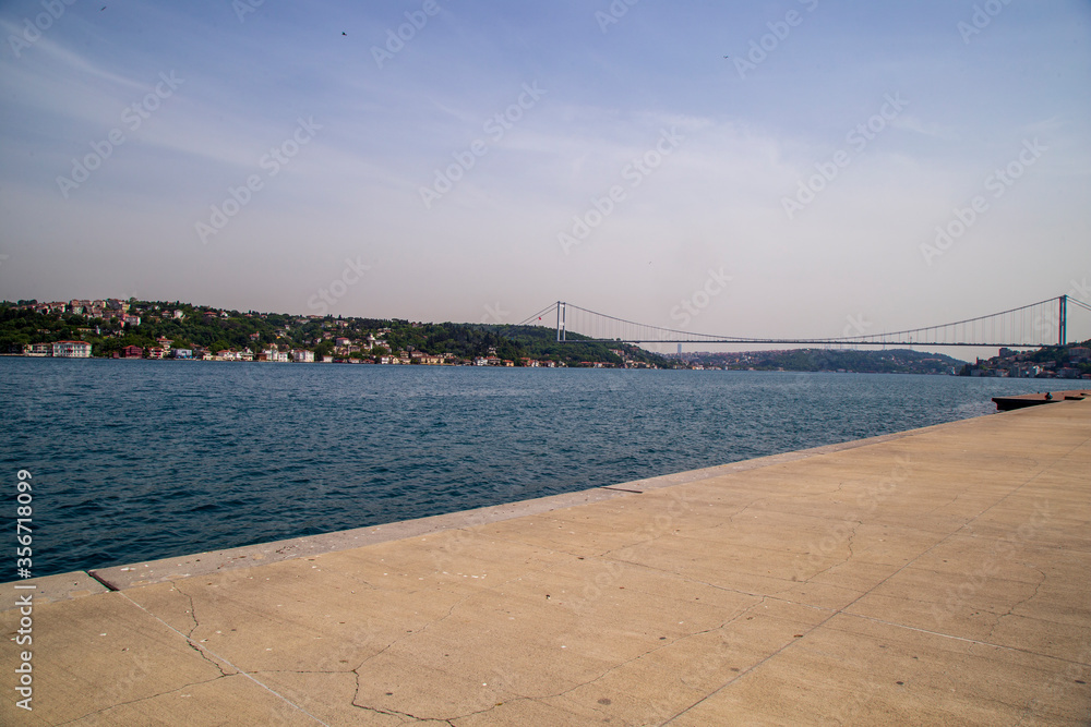 People are walking by the seaside, Istanbul Bosporus. Empty streets of Istanbul from Lock down. Quarantine days in Turkey