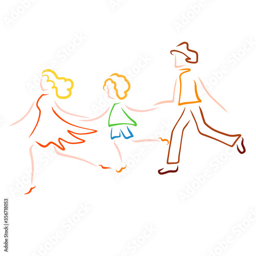 running happy family, mom, dad and baby