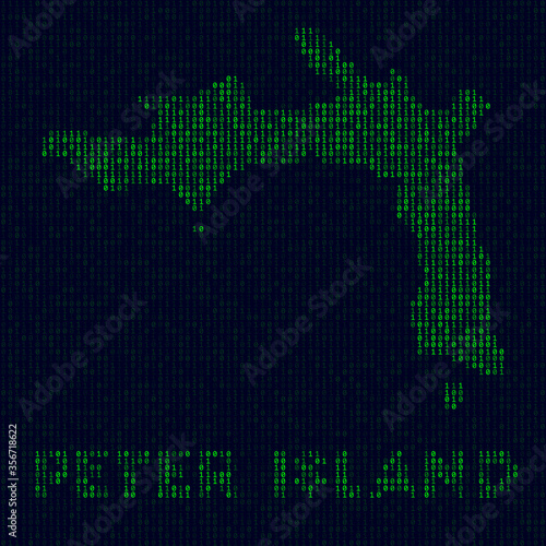 Digital Peter Island logo. Island symbol in hacker style. Binary code map of Peter Island with island name. Radiant vector illustration.