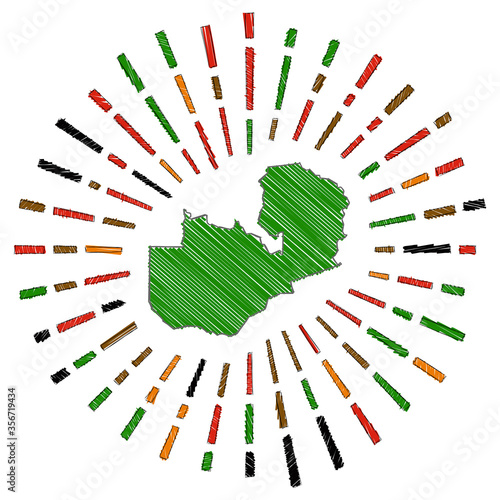 Sketch map of Zambia. Sunburst around the country in flag colors. Hand drawn Zambia shape with sun rays on white background. Vector illustration. photo