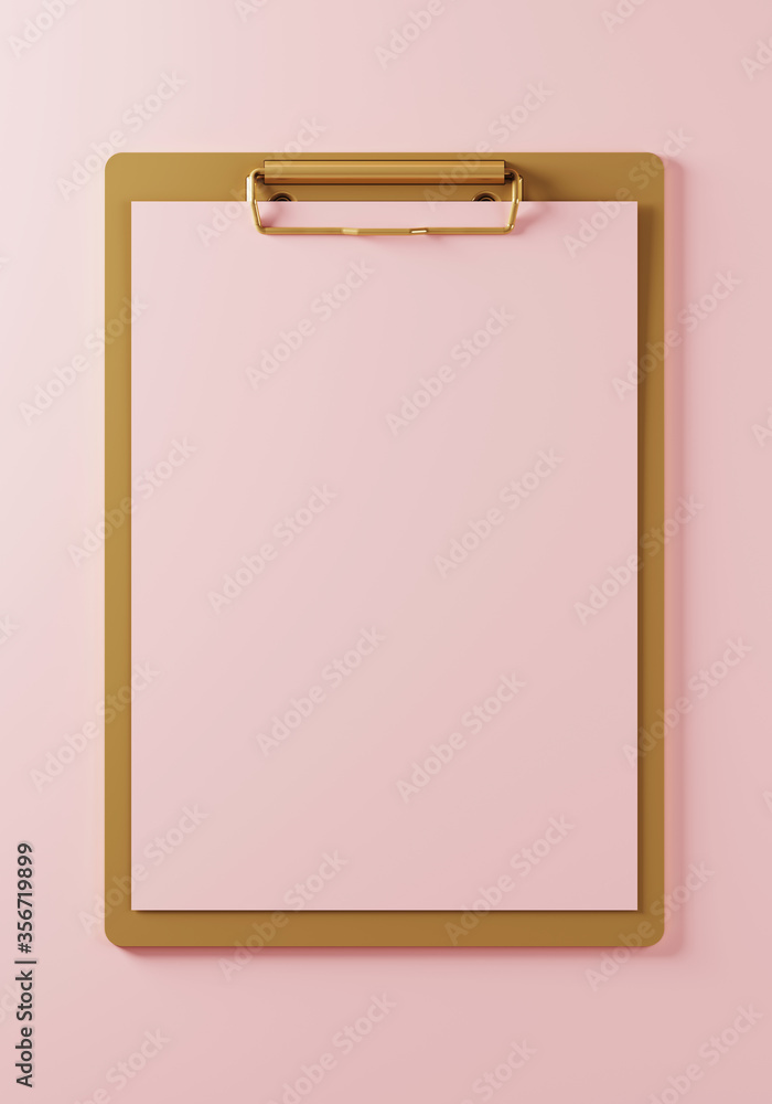 Minimal composition for business and organize concept. Gold clipboard with pink paper on pink background. 3d rendering illustration. Clipping path included. Minimal composition for business and organize concept. Gold clipboard with pink paper on pink background. 3d rendering illustration. Clipping path included.