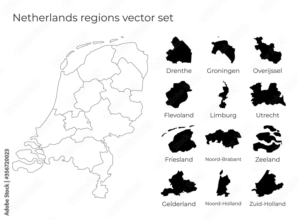 Netherlands map with shapes of regions. Blank vector map of the Country with regions. Borders of the country for your infographic. Vector illustration. Netherlands map with shapes of regions. Blank vector map of the Country with regions. Borders of the country for your infographic. Vector illustration.