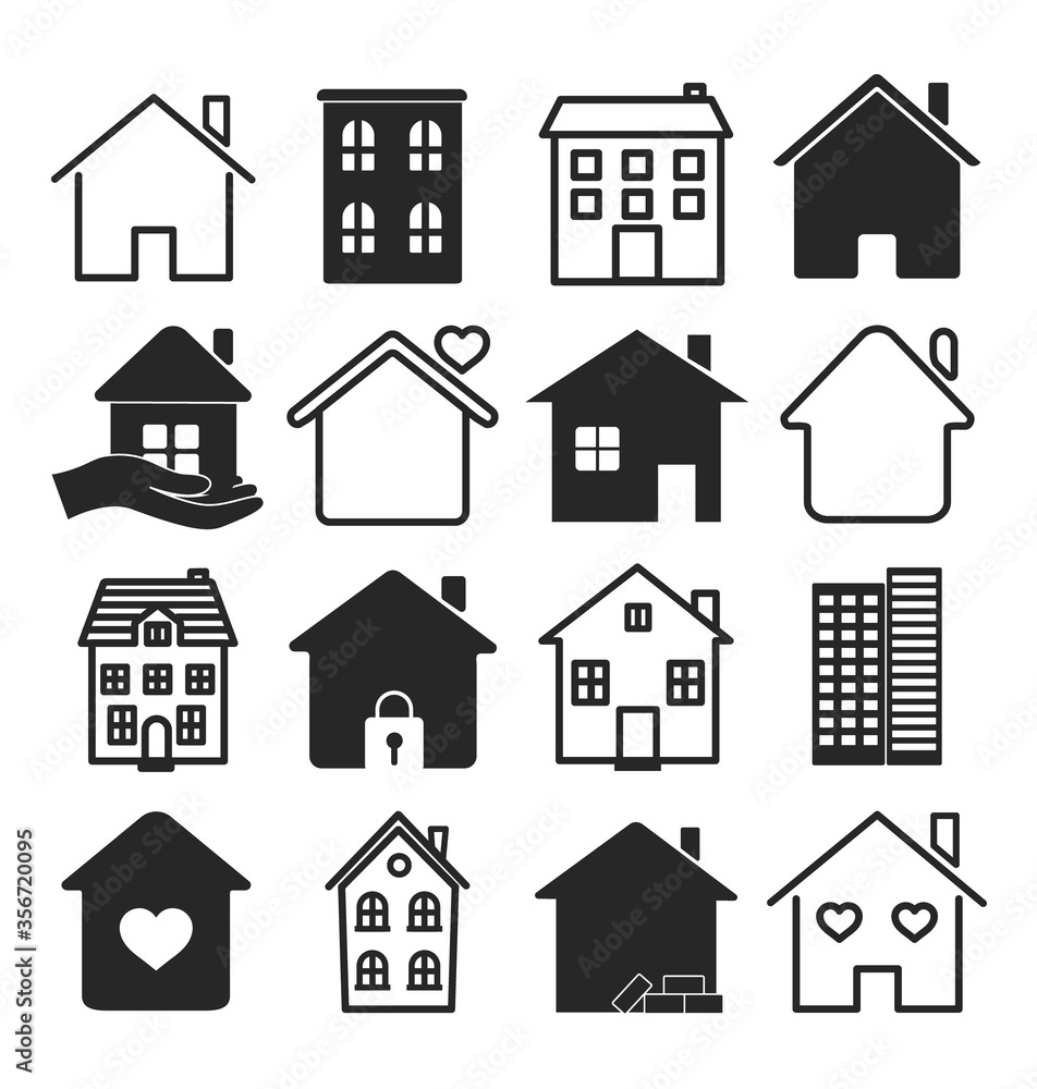 Large set of black and white vector house icons and urban buildings in assorted shapes over white for design elements