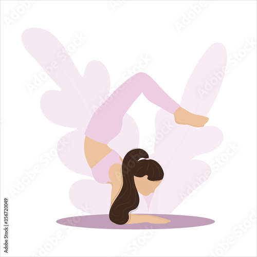 Isolated young woman character doing yoga. Scorpio pose. Love yoga. Healthy living time with yoga exercises. Vector illustration.