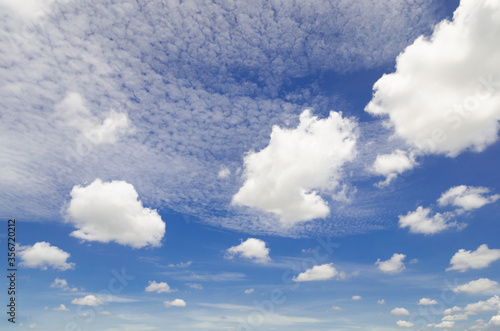 blue sky and white fluffy cloud horizon outdoor for background. photo