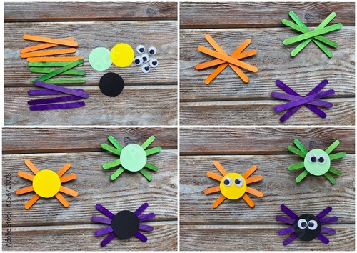 Collage, step by step, how to make a children's craft fun spider, from sticks. photo