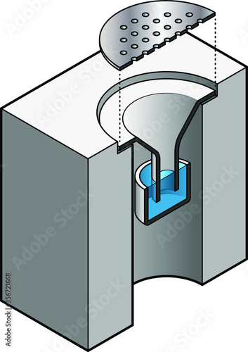 Cross-section exploded-diagram of an inline/drum trap fitted in floor drains.