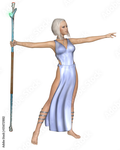 Fotobehang Fantasy illustration of a light mage or female sorceress dressed in blue and hol