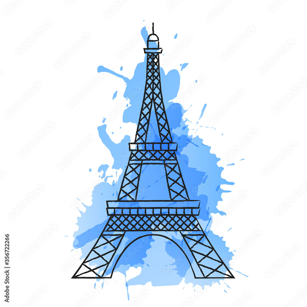 European landmarks in line art style on the background of bright watercolor stains. Suitable for decoration in the field of tourism and travel.